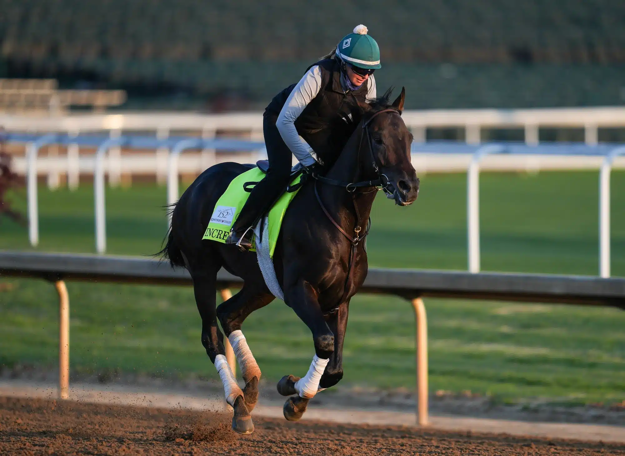 2026 Kentucky Derby horse Incredibolt, trained by Riley Mott, works at Churchill Downs.