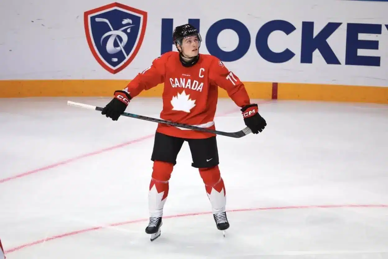 Macklin Celebrini wears the "C" for team Canada at the 2026 IIHF World Championship