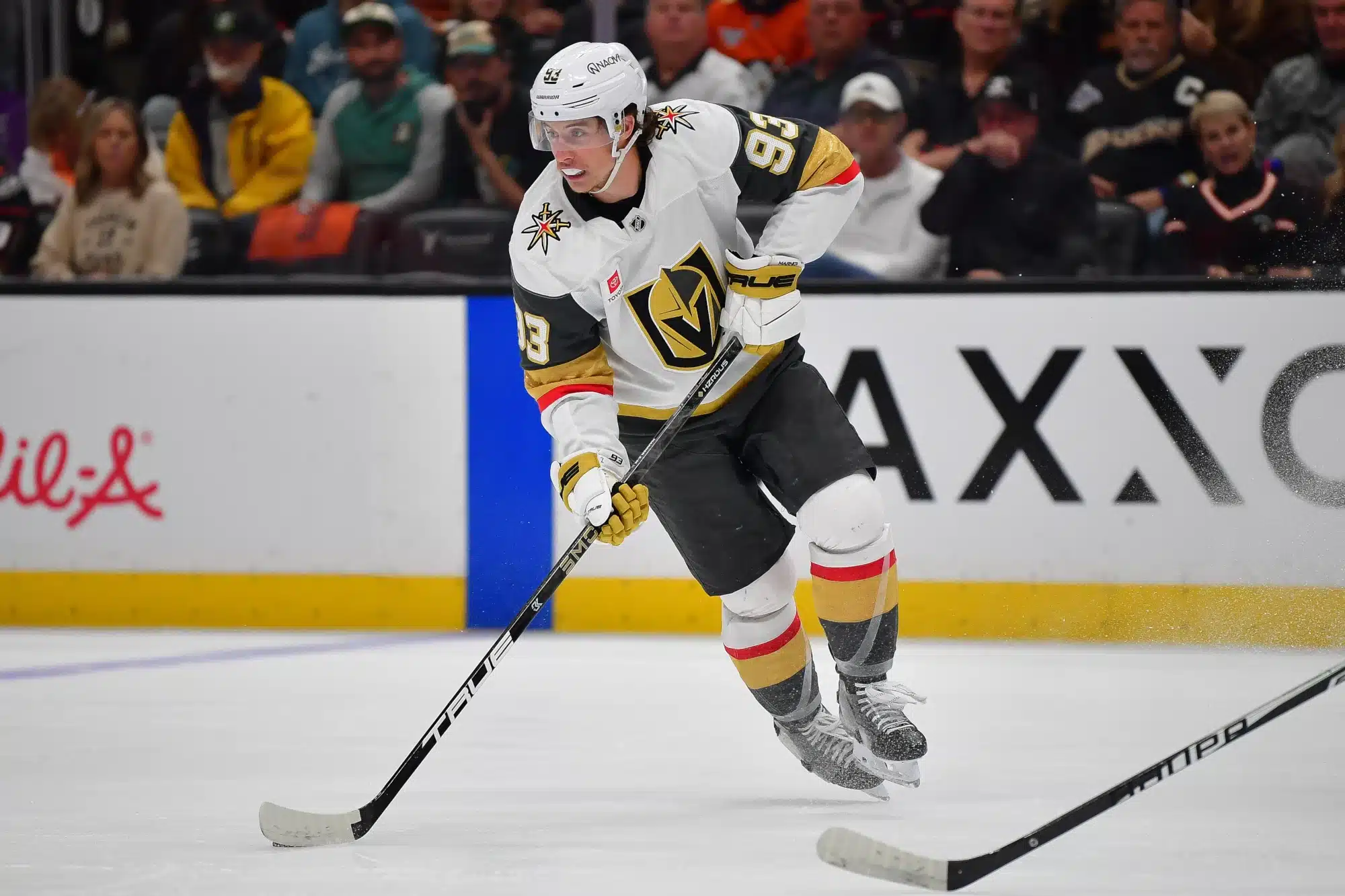 May 8, 2026; Anaheim, California, USA; Vegas Golden Knights right wing Mitch Marner (93) moves the puck against the Anaheim Ducks during the first period in game three of the second round of the 2026 Stanley Cup Playoffs at Honda Center.