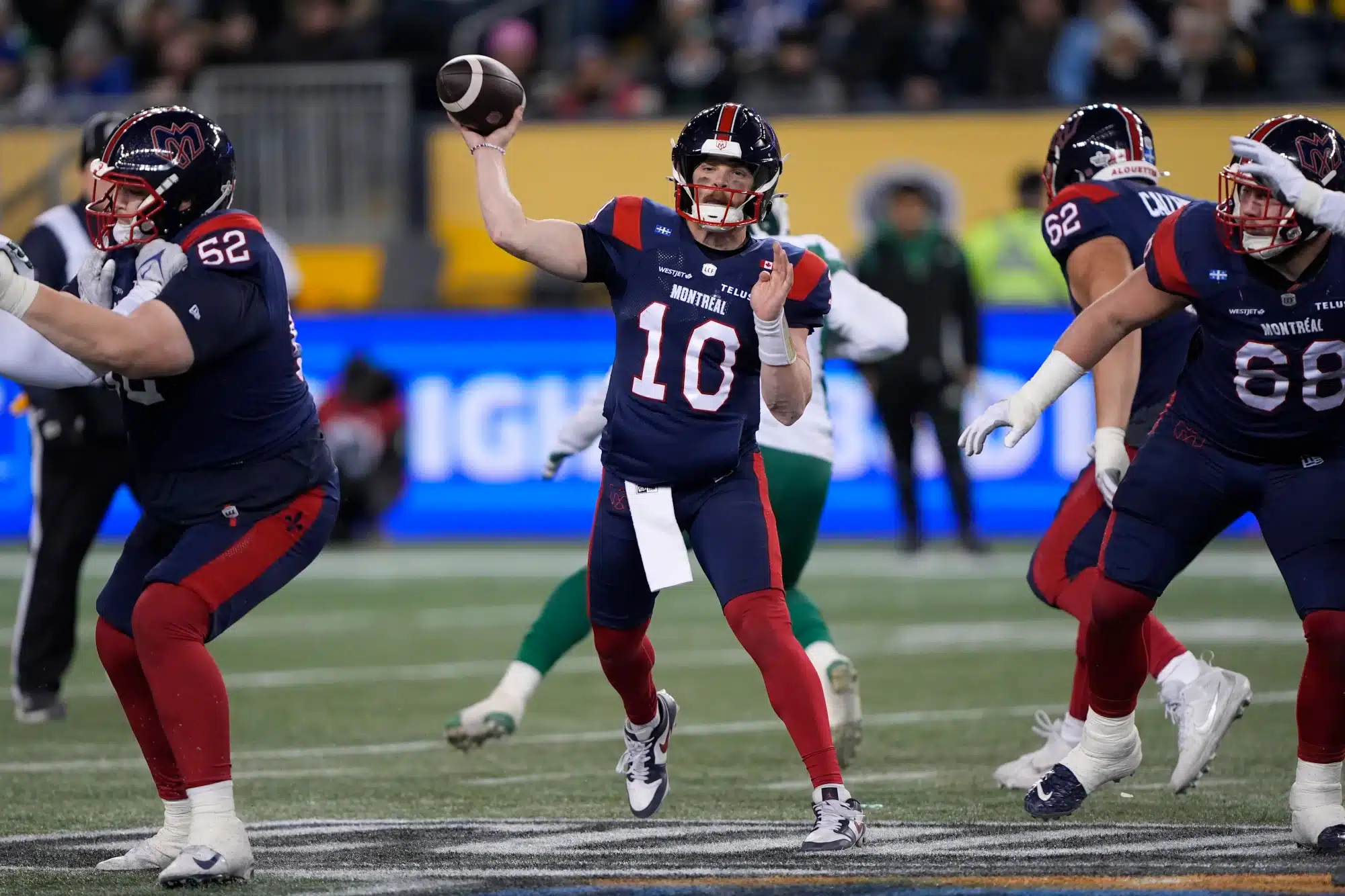 Nov 16, 2025; Winnipeg, Manitoba, Canada; Montreal Alouettes quarterback Davis Alexander (10) makes a pass during the fourth quarter against the Saskatchewan Roughriders during the 112th Grey Cup Championship at Princess Auto Stadium.