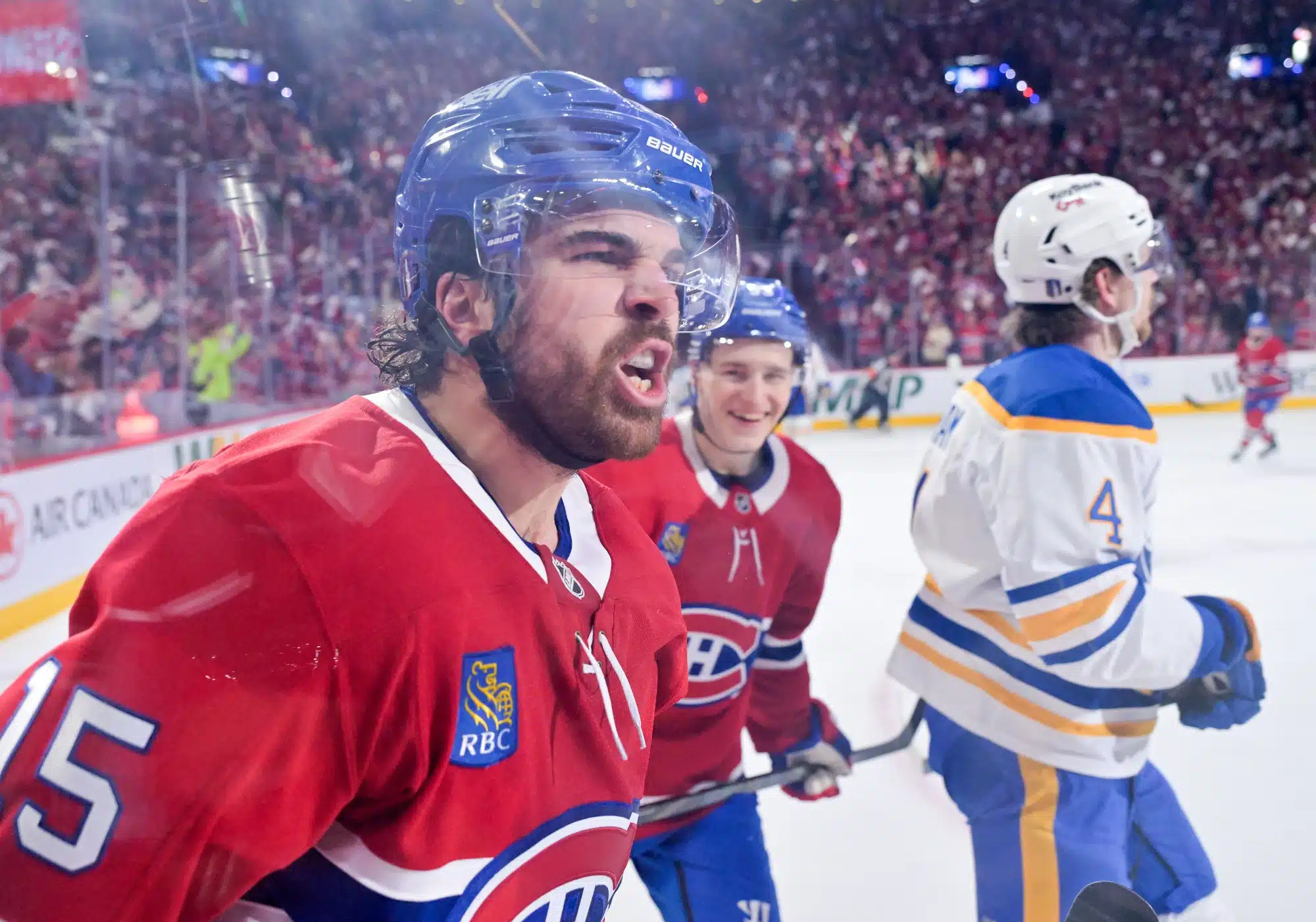 May 12, 2026; Montreal, Quebec, CAN; Montreal Canadiens forward Alex Newhook (15) celebrates with teammate forward Ivan Demidov (93) after scoring a goal against the Buffalo Sabres during the first period in game four of the second round of the 2026 Stanley Cup Playoffs at Bell Centre.