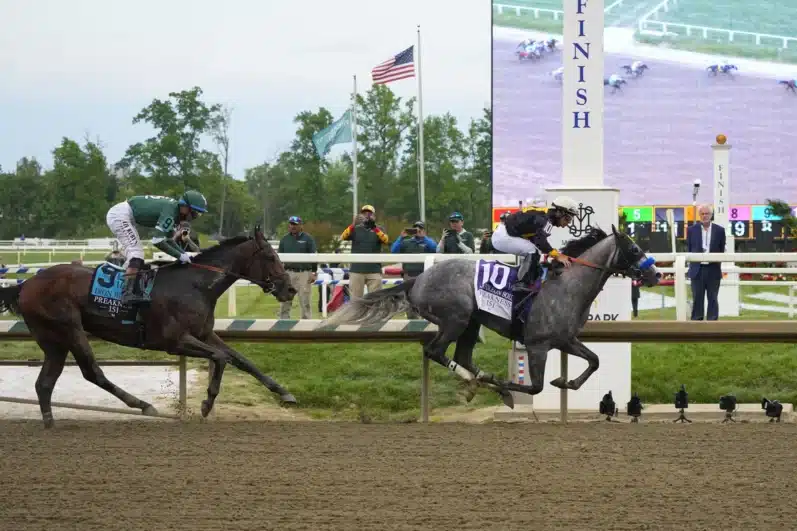 Napolean Solo (10) with Paco Lopez up wins the Preakness Stakes followed by Iron Honor (9) with Flavien Prat up at Laurel Park. May 16, 2026; Laurel, MD, USA.