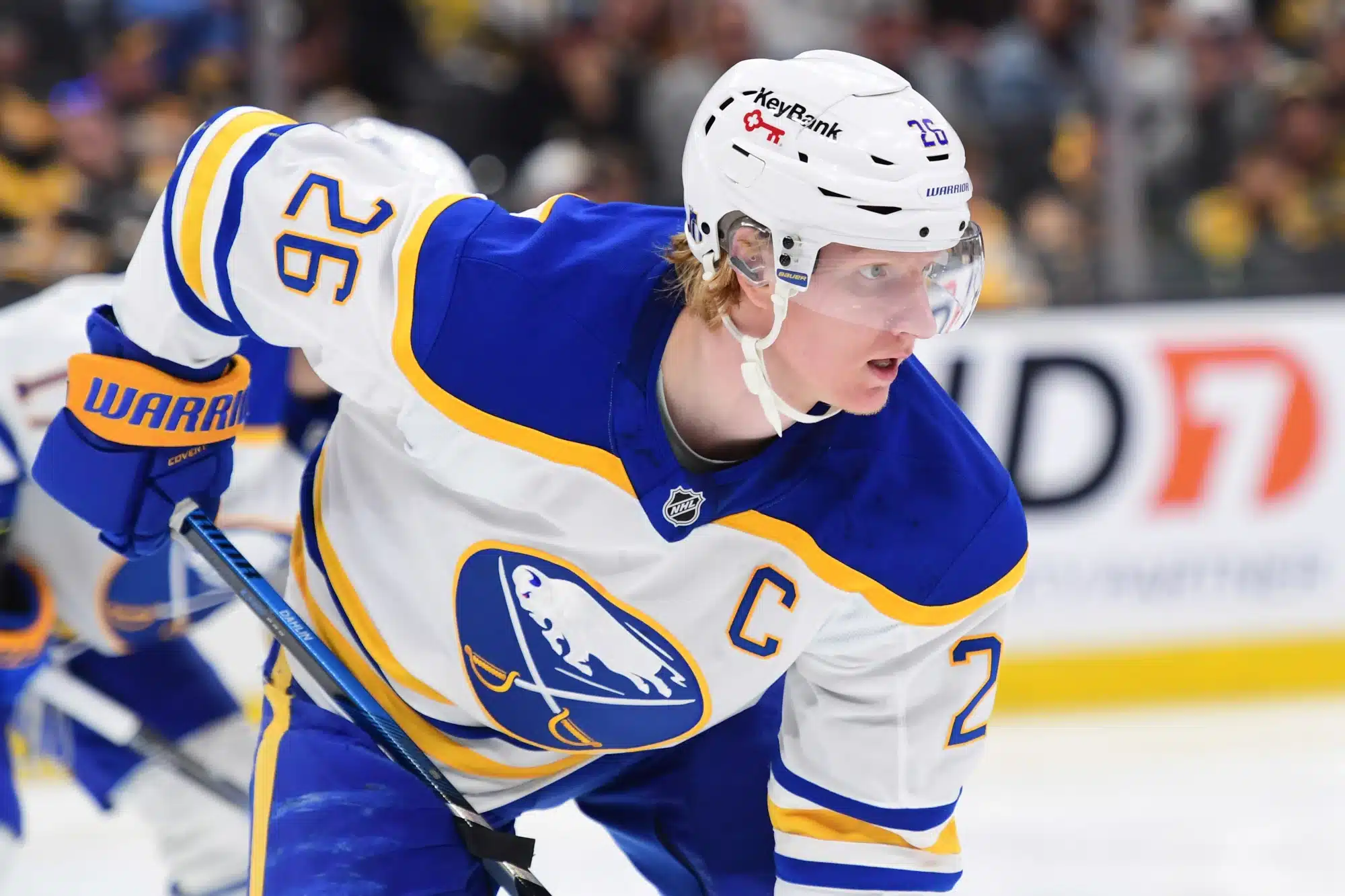 Apr 26, 2026; Boston, Massachusetts, USA; Buffalo Sabres defenseman Rasmus Dahlin (26) gets set for a face-off during the third period in game four of the first round of the 2026 Stanley Cup Playoffs at TD Garden.