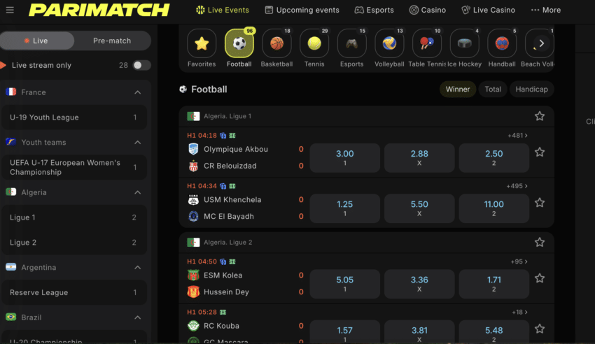 A view of the Parimatch live events, which users can bet on using the Parimatch promo code
