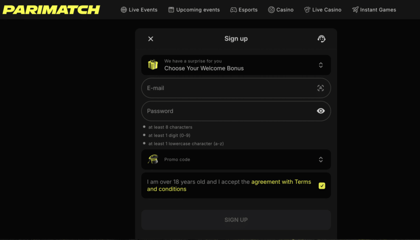 A view of the Parimatch sign up page, where users can register for an account and input the Parimatch promo code