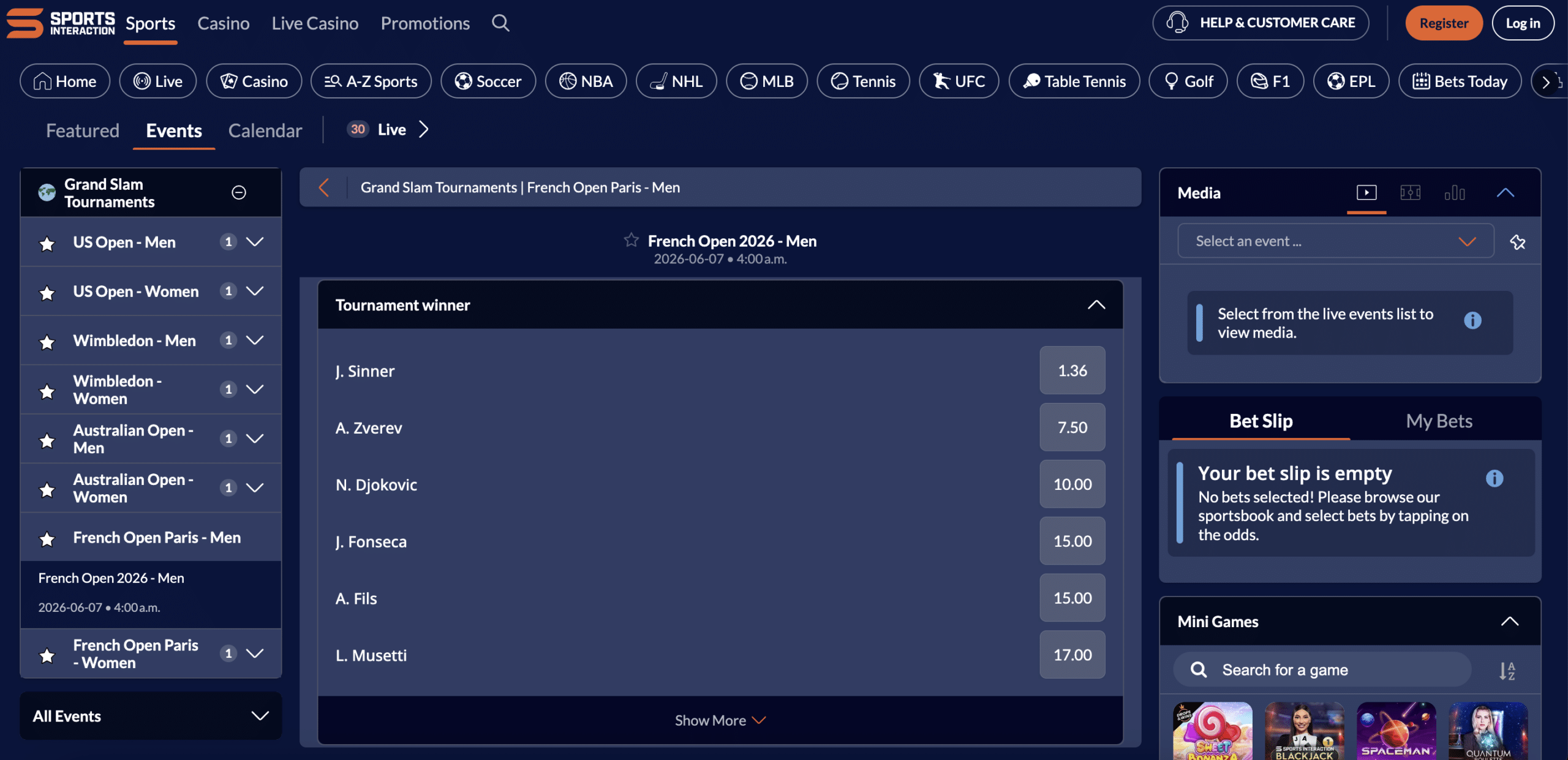 Roland Garros odds from Sports Interaction