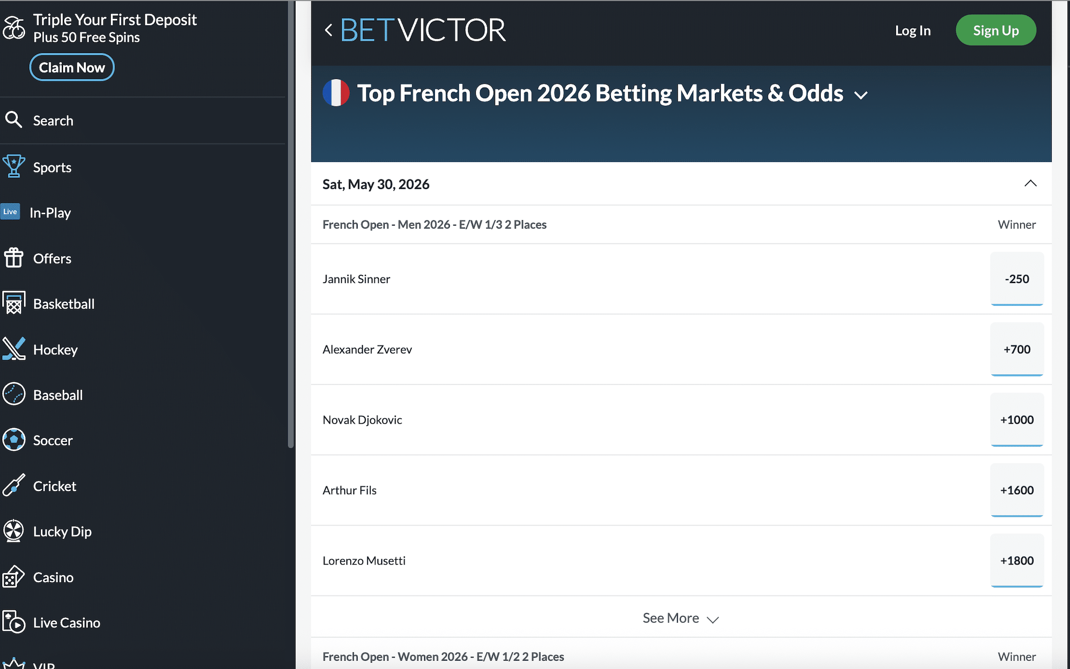 French Open 2026 betting odds from BetVictor