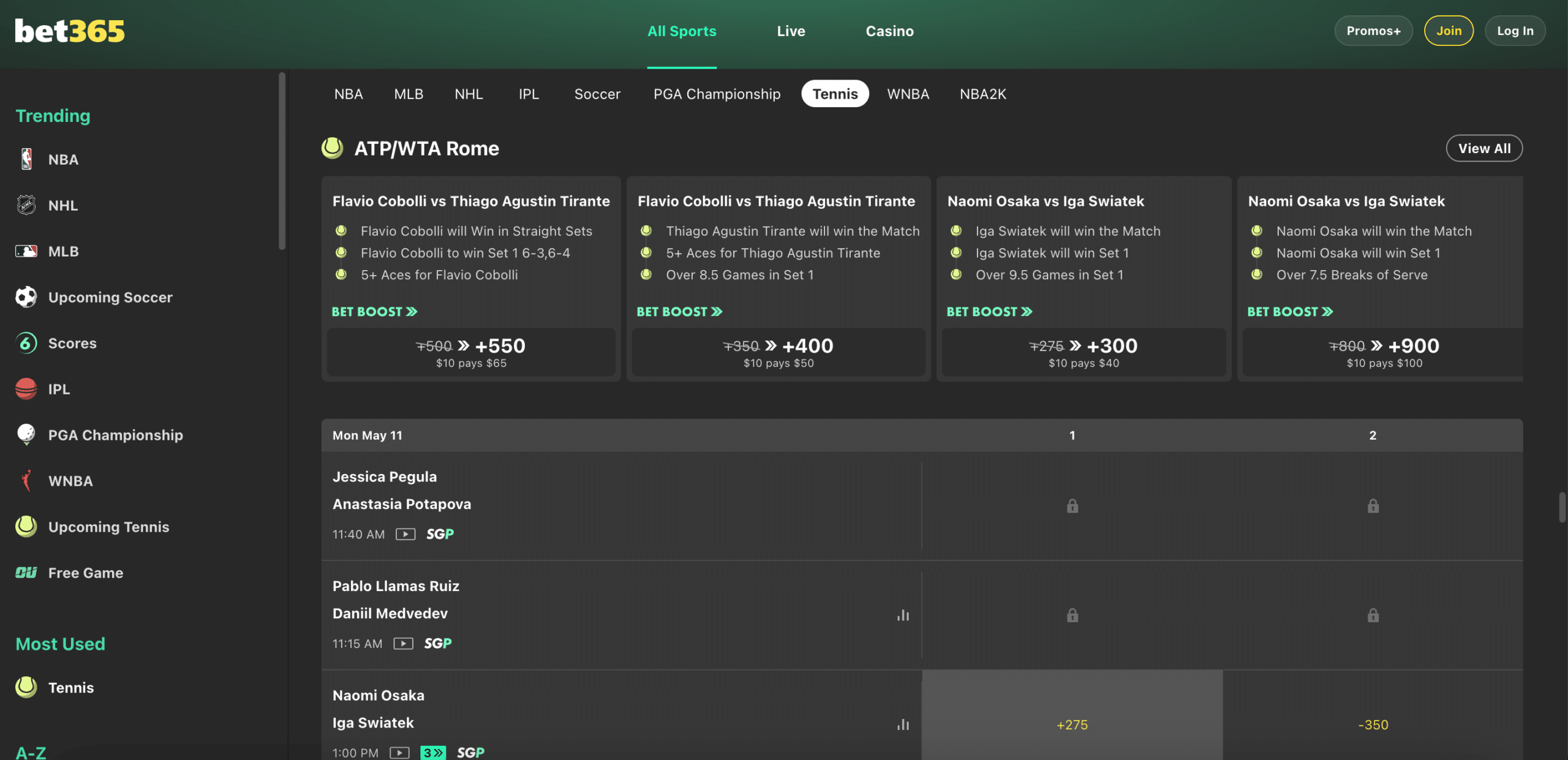 The bet365 tennis odds 
