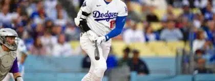 May 26, 2026; Los Angeles, California, USA; Los Angeles Dodgers two-way player Shohei Ohtani (17) grounds out during the first inning against the Colorado Rockies at Dodger Stadium