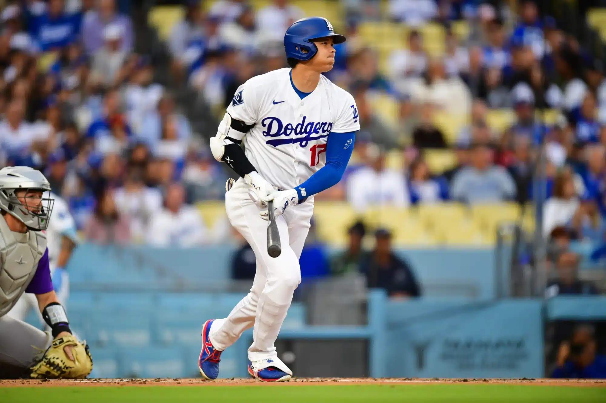 May 26, 2026; Los Angeles, California, USA; Los Angeles Dodgers two-way player Shohei Ohtani (17) grounds out during the first inning against the Colorado Rockies at Dodger Stadium