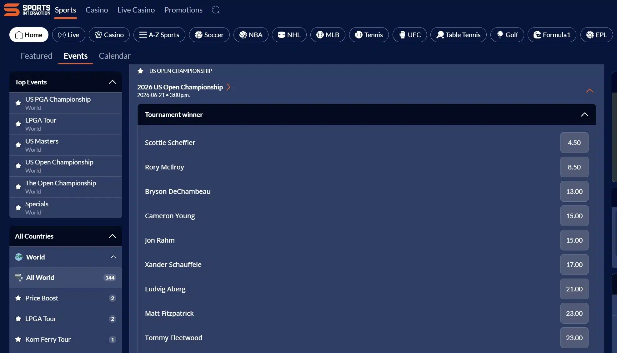 A desktop view screenshot of Sports Interaction's US Open betting page.