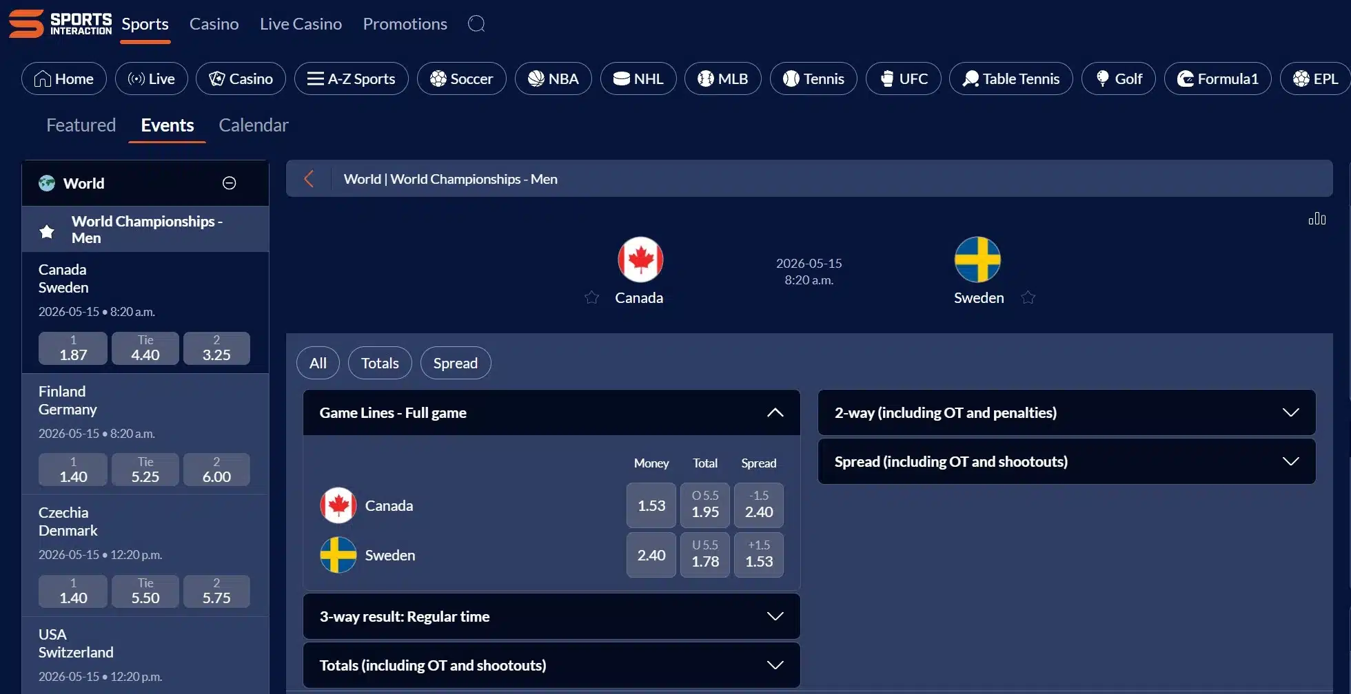 A screenshot of Sports Interaction's hockey canada odds for the IIHF World Championships