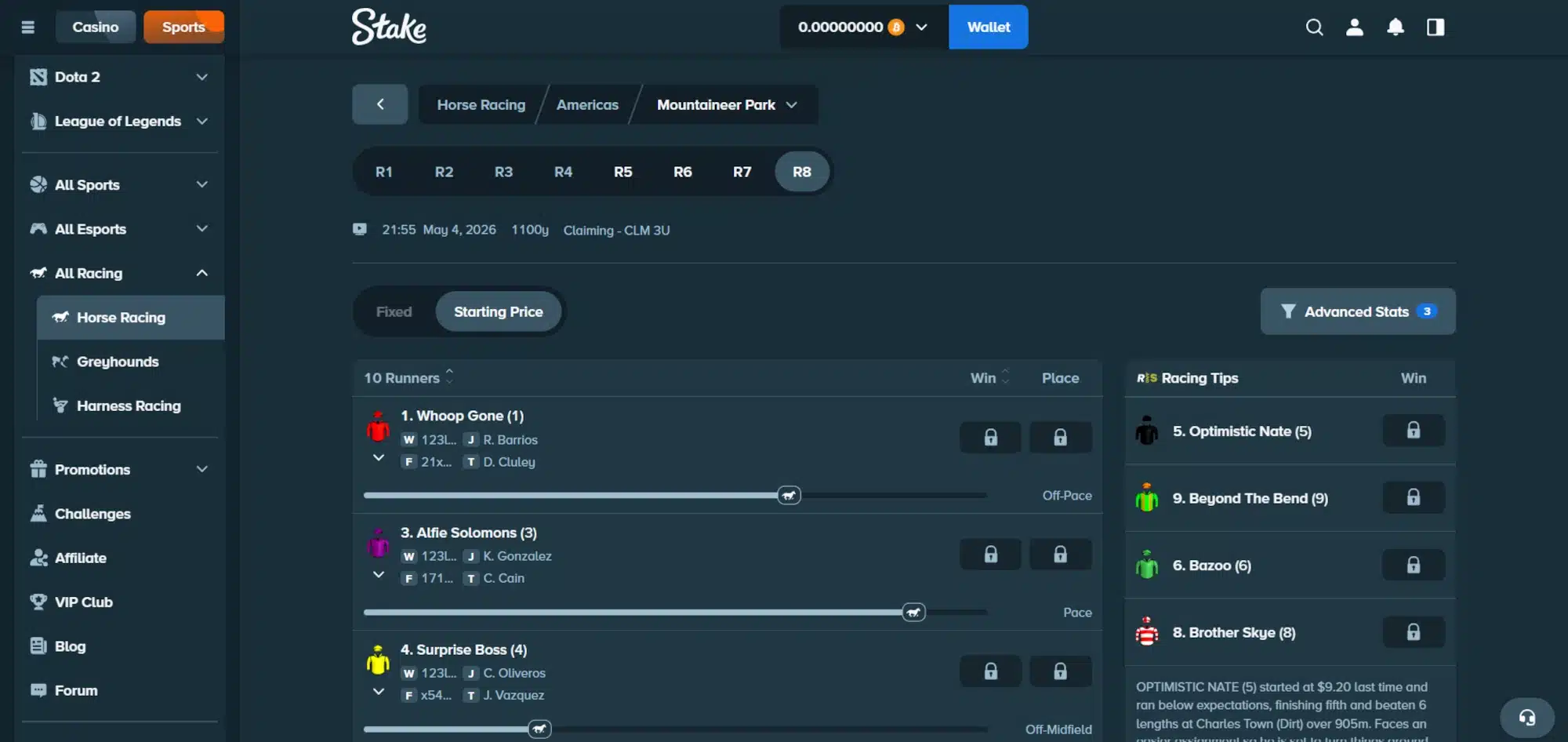 A desktop view screenshot of Stake's horse racing betting page.