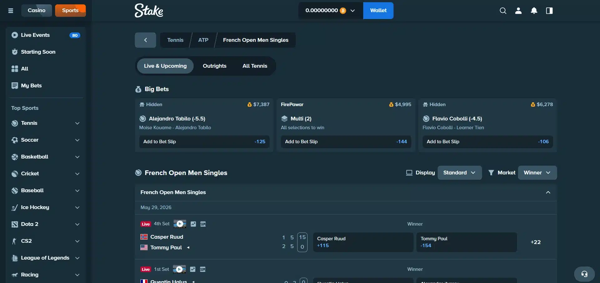 A desktop view screenshot of Stake's Men's French Open odds.
