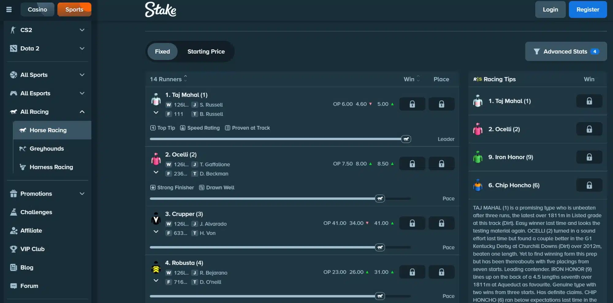 A screenshot of Stake sportsbook displaying 2026 Preakness Stakes odds