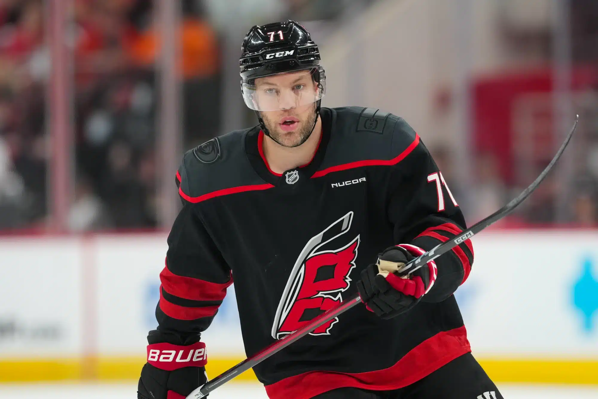 May 4, 2026; Raleigh, North Carolina, USA; Carolina Hurricanes left wing Taylor Hall (71) skates against the Carolina Hurricanes during the second period in game two of the second round of the 2026 Stanley Cup Playoffs at Lenovo Center.