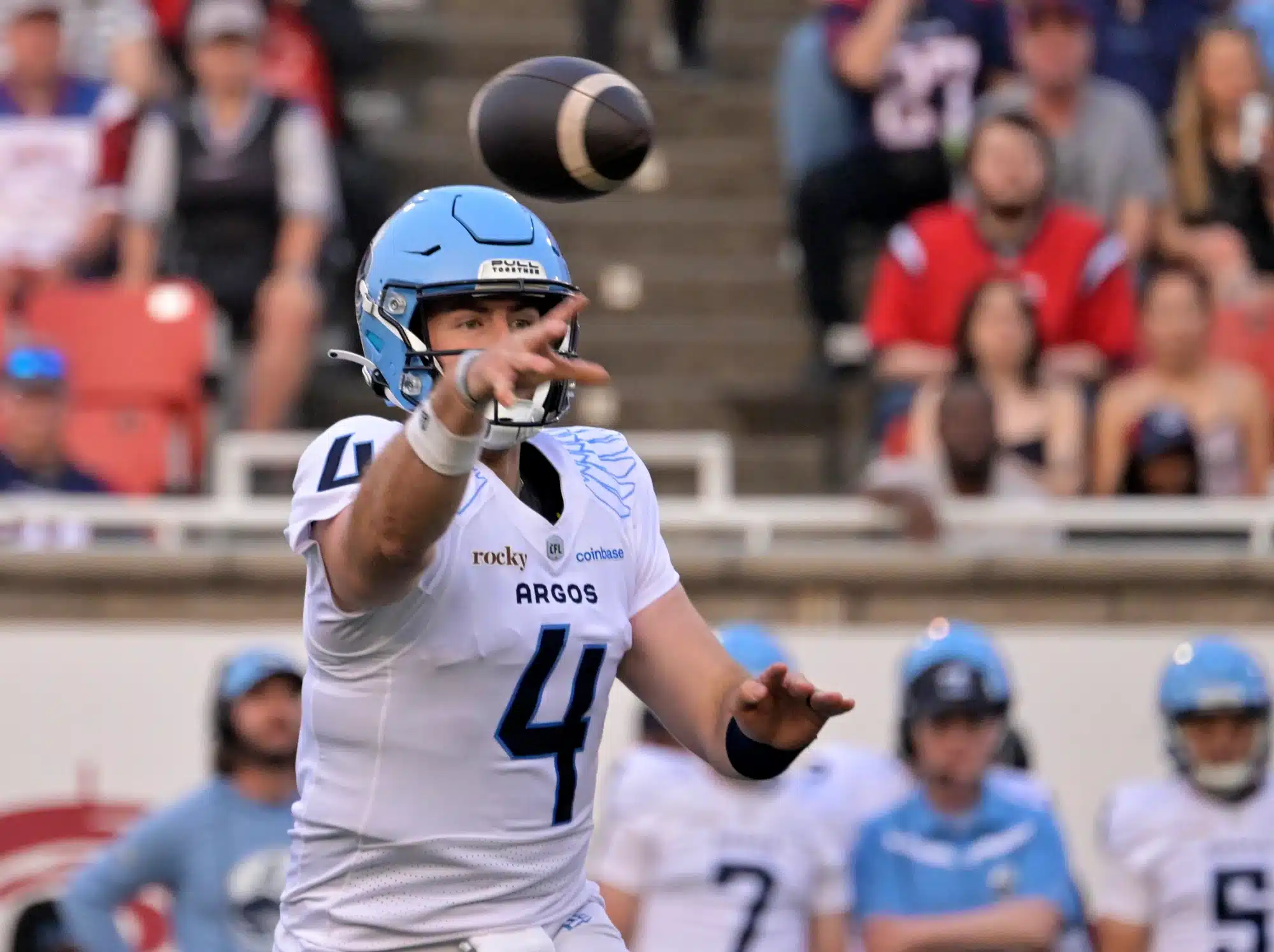 Jun 6, 2025; Montreal, Quebec, Canada; Toronto Argonauts quarterback Nick Arbuckle (4) throws a pass during the first half against the Montreal Alouettes at Percival-Molson stadium.