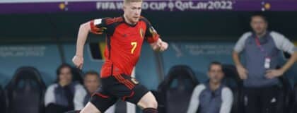 Belgium midfielder Kevin De Bruyne (7) dribbles during the second half of a group stage match against Canada during the 2022 FIFA World Cup at Ahmad Bin Ali Stadium