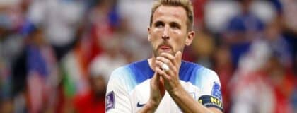 England forward Harry Kane (9) acknowledges fans after a group stage match against the United States of America during the 2022 World Cup at Al Bayt Stadium