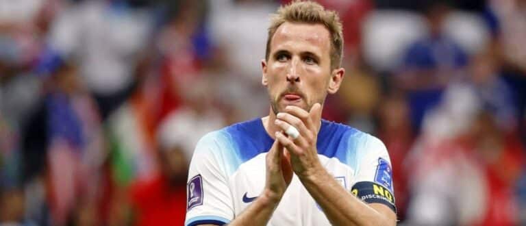 England forward Harry Kane (9) acknowledges fans after a group stage match against the United States of America during the 2022 World Cup at Al Bayt Stadium