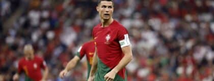 Portugal forward Cristiano Ronaldo (7) against Uruguay during the second half of the group stage match in the 2022 World Cup at Lusail Stadium