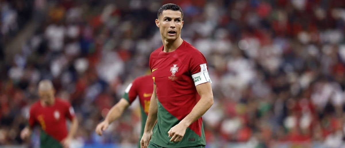 Portugal forward Cristiano Ronaldo (7) against Uruguay during the second half of the group stage match in the 2022 World Cup at Lusail Stadium