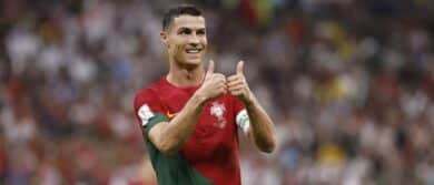 Portugal forward Cristiano Ronaldo (7) reacts during the second half of the group stage match in the 2022 World Cup at Lusail Stadium.