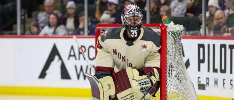 Montreal goalie Ann-Ren e Desbiens (35) defends her net against Minnesota during the third period in a PWHL ice hockey game at XCel Energy Center.