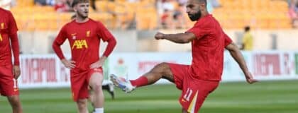 Liverpool forward Mohamed Salah (11) warms up for a match against Real Betis at Acrisure Stadium.