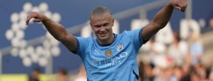 Manchester City forward Erling Haaland (9) celebrates after scoring a goal during the first half against AC Milan at Yankee Stadium