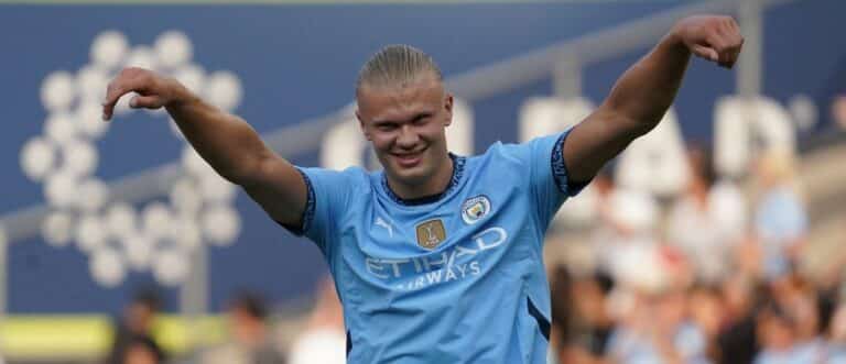 Manchester City forward Erling Haaland (9) celebrates after scoring a goal during the first half against AC Milan at Yankee Stadium