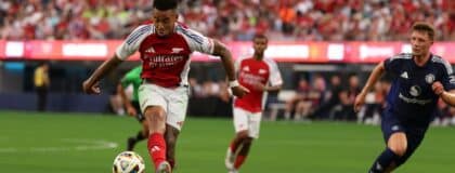 Arsenal forward Gabriel Jesus (9) controls the ball during the second half against the Manchester United at SoFi Stadium