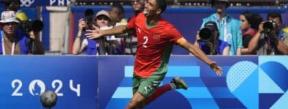 Morocco defender Achraf Hakimi (2) celebrates a goal against United States in a men's football quarterfinal during the Paris 2024 Olympic Summer Games at Parc des Princes