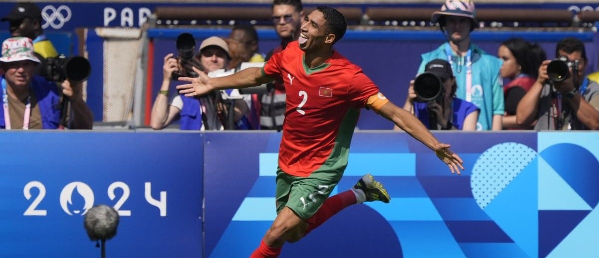 Morocco defender Achraf Hakimi (2) celebrates a goal against United States in a men's football quarterfinal during the Paris 2024 Olympic Summer Games at Parc des Princes
