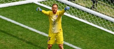 Atletico Madrid goalkeeper Jan Oblak (13) reacts after a play during the first half against Seattle Sounders FC during a group stage match of the 2025 FIFA Club World Cup at Lumen Field