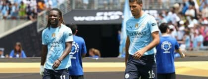 Manchester City midfielder Jeremy Doku (11) and midfielder Rodri (16) during warmups before a group stage match of the 2025 FIFA Club World Cup at Camping World Stadium