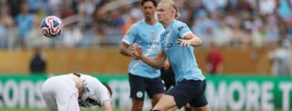Manchester City forward Erling Haaland (9) battles for the ball against Juventus FC defender Nicolo Savona (37) during the second half during a group stage match of the 2025 FIFA Club World Cup at Camping World Stadium