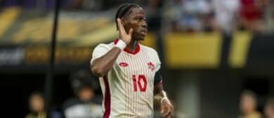Canada forward Jonathan David (10) celebrates scoring a penalty goal during the first half during a quarterfinal match of the 2025 Gold Cup at U.S. Bank Stadium