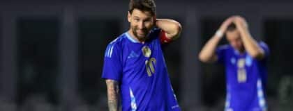 Argentina forward Lionel Messi (10) reacts after a shot on goal against Puerto Rico during the first half at Chase Stadium
