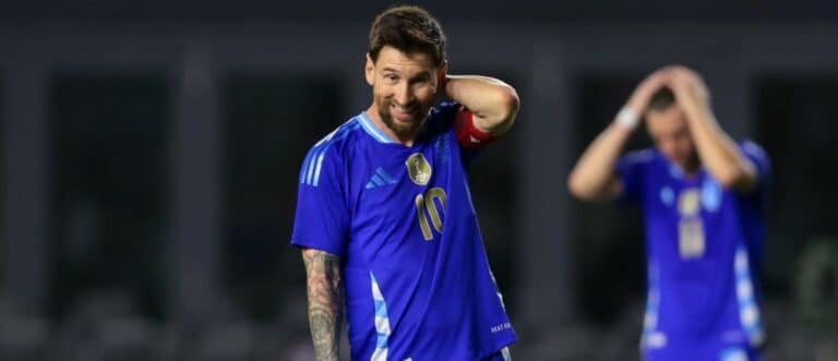 Argentina forward Lionel Messi (10) reacts after a shot on goal against Puerto Rico during the first half at Chase Stadium