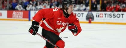 Canada forward Gavin McKenna (9) in action against Finland during the second period in group play during the 2026 IIHF World Junior Championship at 3M Arena