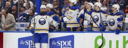 Buffalo Sabres forward Alex Tuch (89) fist bumps forward Tage Thompson (72) after a goal against the Tampa Bay Lightning during the third period at Benchmark International Arena