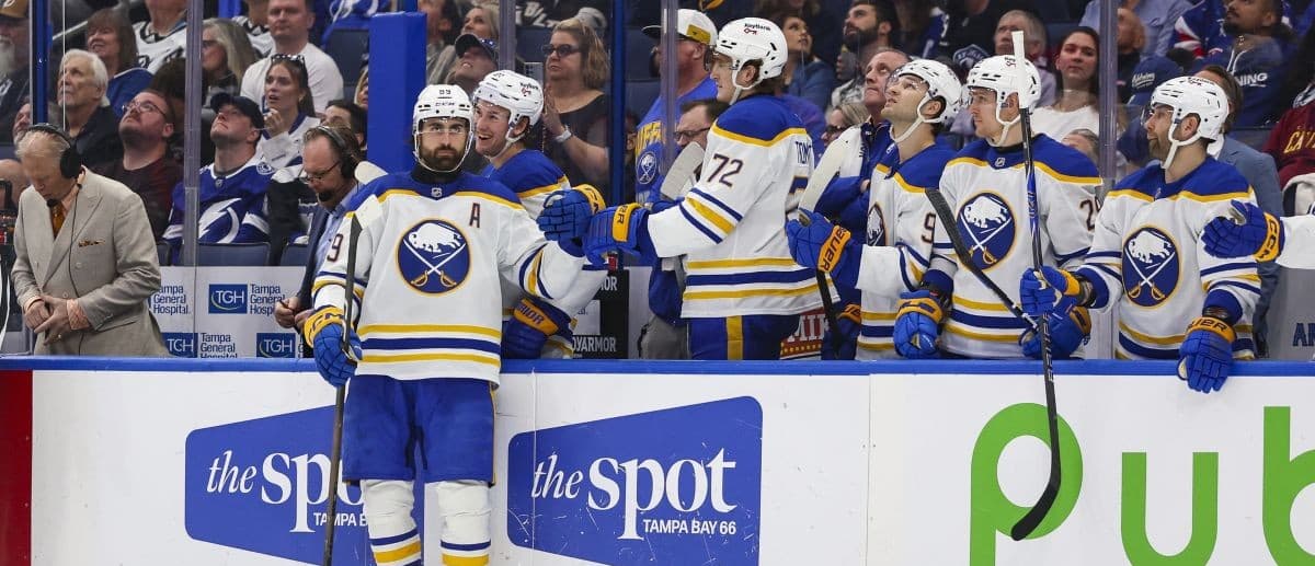 Buffalo Sabres forward Alex Tuch (89) fist bumps forward Tage Thompson (72) after a goal against the Tampa Bay Lightning during the third period at Benchmark International Arena
