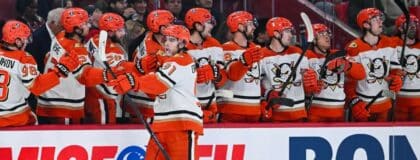 Anaheim Ducks center Leo Carlsson (91) celebrates with his teammates his goal against the Montreal Canadiens during the first period at Bell Centre