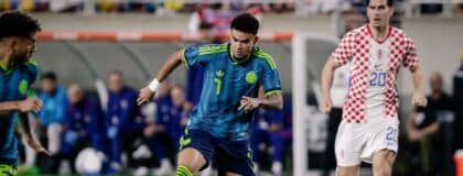 Colombia forward Luis Diaz (7) controls the ball while being trailed by Croatia forward Igor Matanovic (20) during the first half at Camping World Stadium.
