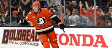 Anaheim Ducks defenseman John Carlson (74) celebrates after scoring a goal during the second period against the Toronto Maple Leafs at Honda Center