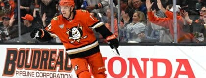 Anaheim Ducks defenseman John Carlson (74) celebrates after scoring a goal during the second period against the Toronto Maple Leafs at Honda Center