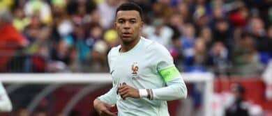 France forward Kylian Mbappe (10) during the first half against Brazil at Gillette Stadium.