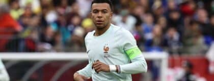 France forward Kylian Mbappe (10) during the first half against Brazil at Gillette Stadium.