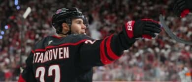 Carolina Hurricanes center Logan Stankoven (22) celebrates his goal against the Ottawa Senators during the first period in game two of the first round of the 2026 Stanley Cup Playoffs at Lenovo Center